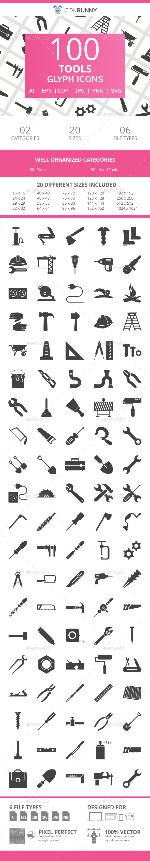 100 Tools Glyph Icons