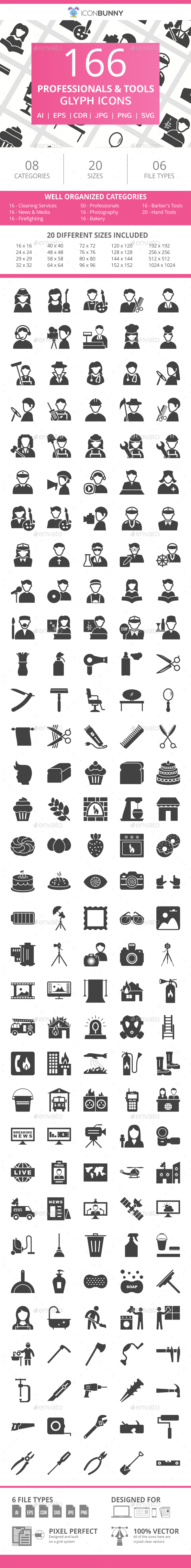 166 Professionals & their tools Glyph Icons