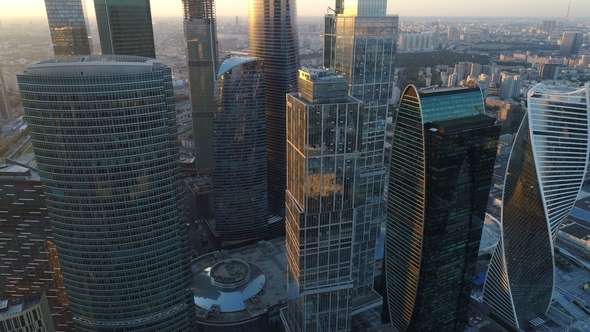 A Sunset Aerial Shot of Skyscrapers of Moscow International Business Centre