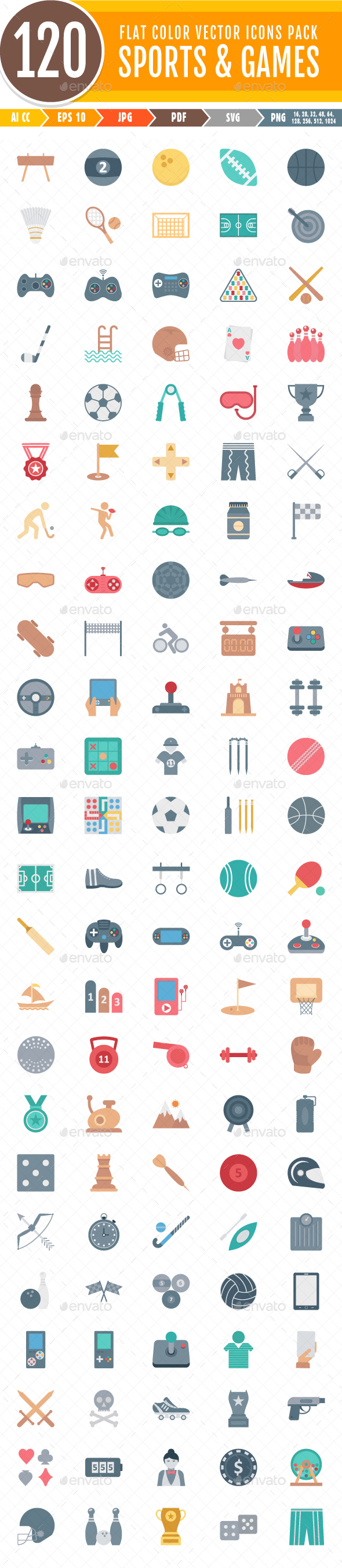 120 Sports and Game Color Vector Isolated Icons