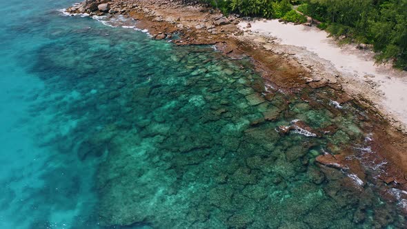 Aerial  View of Remote Secluded Tropical Beach with Old Coral Reef in Transparent Water Surface