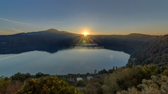 Panoramic View of Albano Lake Coast at Sunrise