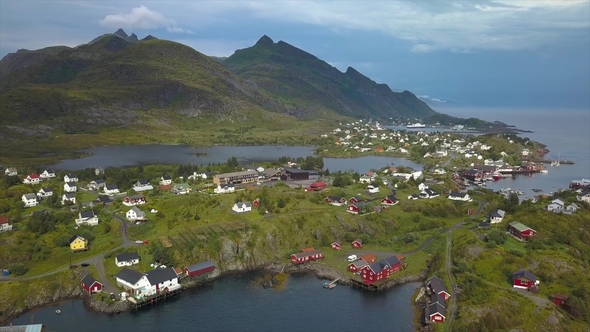 Aerial View of Small Village in Norway, Sorvagen