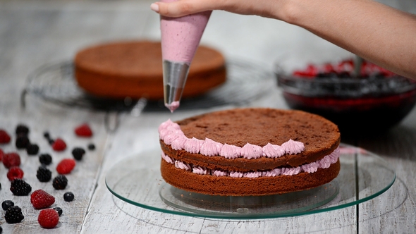 Preparing Making Chocolate Cake with Berries. Woman's Hand Decorate