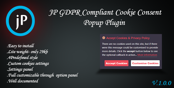 JP GDPR Compliant Cookie Consent Popup Plugin