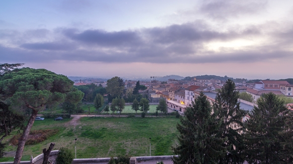 Old Houses and Trees After Sunset in Beautiful Town of Albano Laziale Day To Night , Italy