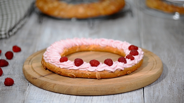 Preparation Homemade Choux Pastry Cake Paris Brest. French Dessert.