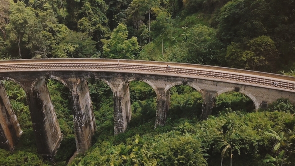 Drone Flying Left Opening Beautiful Panoramic View of Nine Arch Bridge Ella in Sri Lanka, Historic