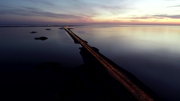 Beautiful Aerial Panorama of Bridge and River in Late Evening in Summer