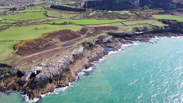 Aerial View of the Beautiful Coast and Cliffs Between North Stack Fog Station and Holyhead