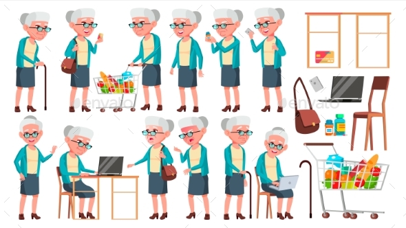 Old Woman Poses Set Vector. Elderly People. Senior