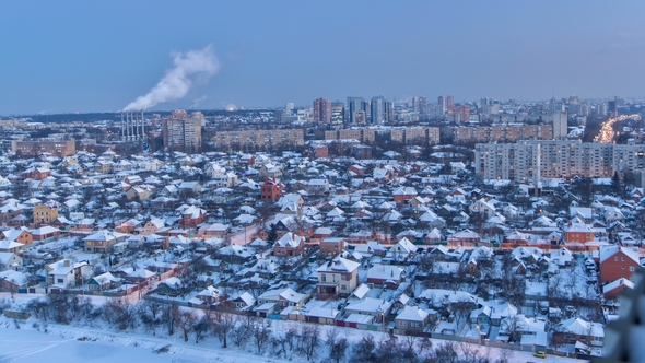 Kharkiv City From Above Day To Night  at Winter. Ukraine