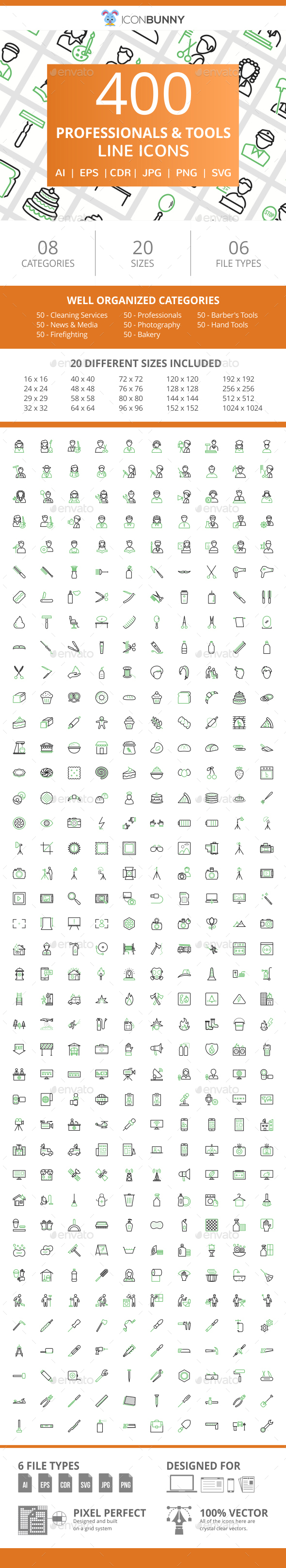 400 Professionals & their tools Line Green & Black Icons