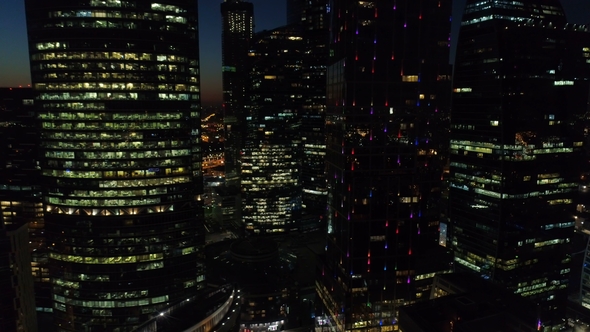 A Night Aerial Shot of Skyscrapers of Moscow International Business Centre