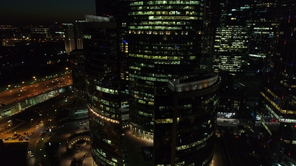 A Night Aerial Shot of Skyscrapers of Moscow International Business Centre