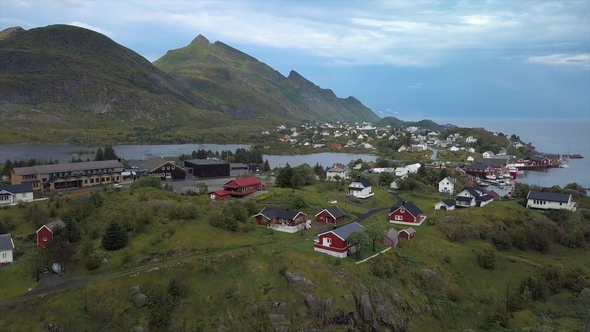 Aerial View of Small Village in Norway, Sorvagen