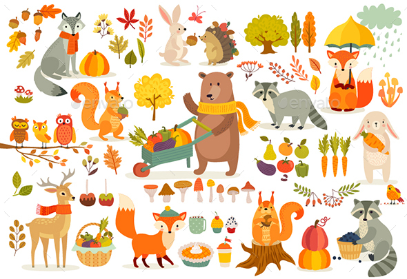 Fall Theme Set, Forest Animals Hand Drawn Style