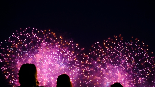 People Looking at the Fireworks in the Night Sky, a Colorful Fireworks in Honor of the Holiday