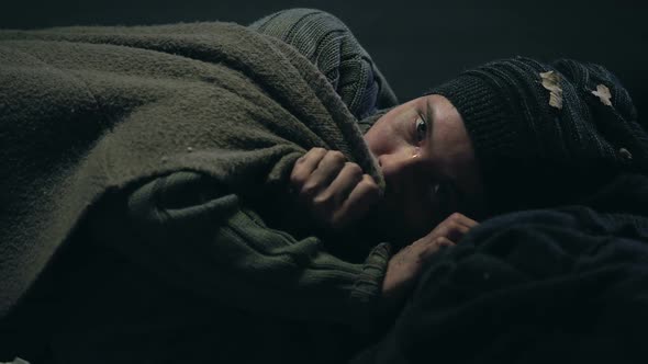 Freezing Crying Homeless Lady Shivering With Cold