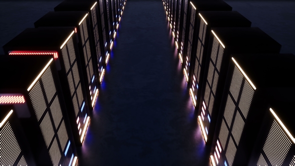 A Huge Data Center with Servers in a Dark Room