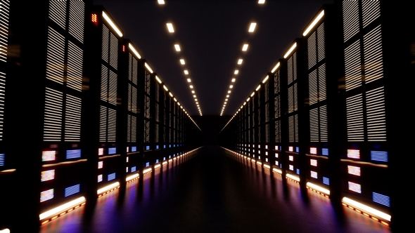 A Huge Data Center with Servers in a Dark Room