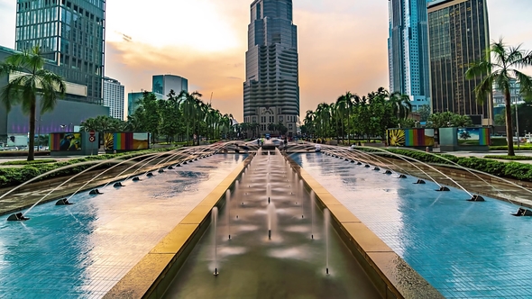 Kuala Lumpur Square with Fountains and Public Bank Buldi