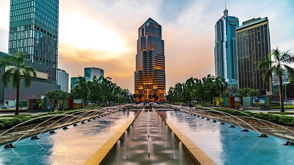 KUALA LUMPUR, MALAYSIA - May 15, 2018:   of Kuala Lumpur Square with Fountains and Public Bank Buldi