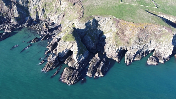 Aerial View of the Beautiful Cliffs Close To the Historic South Stack Lighthouse on Anglesey - Wales