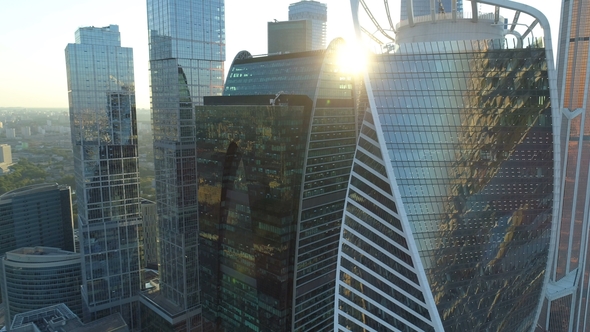 A Sunset Aerial Shot of Skyscrapers of Moscow International Business Centre.