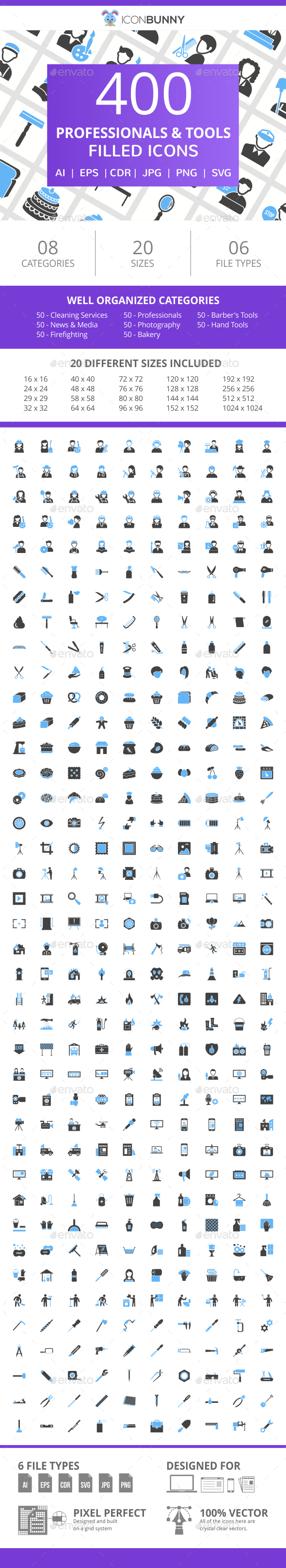 400 Professionals & their tools Filled Blue & Black Icons