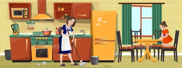 Vector Mother and Girl Cleaning Kitchen Together
