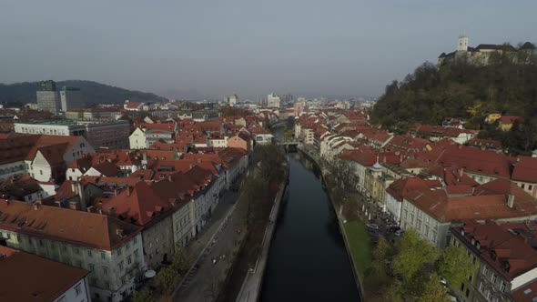 Aerial shot of Ljubljana with the river