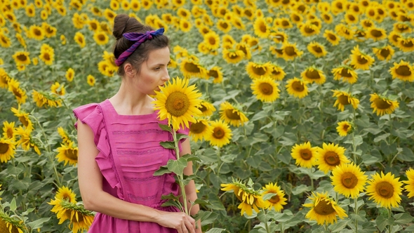 Girl in Pink Dress Holding Sunflower