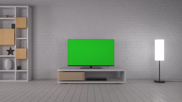 TV with Blank Green Screen in Modern Home Interior in Living Room