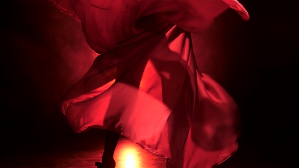 Flamenco. Dancer in the Rhythm of the Music Develops the Skirt. Llight From Behind. Smoke Background