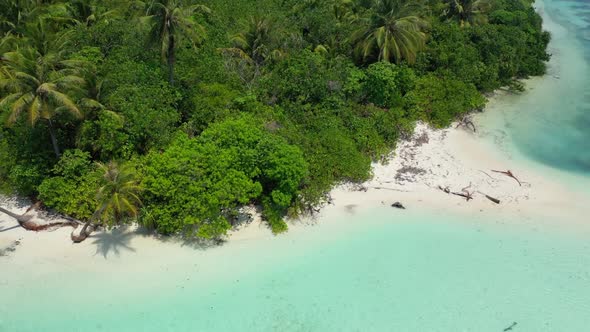 Aerial top view scenery of exotic tourist beach voyage by turquoise ocean and white sand background 