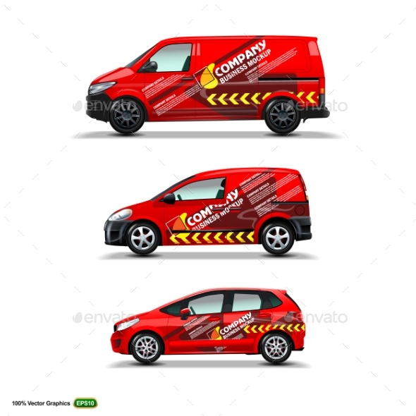 Mocup Set with Advertisement on Red Car, Cargo Van