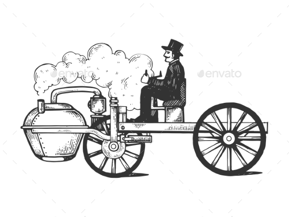 Steam Engine Car Engraving Vector Illustration