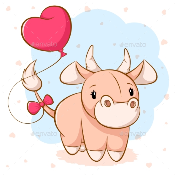 Cartoon Cow with Pink Balloon