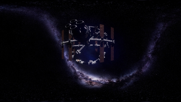 VR 360 Futuristic Spaceship Flying in Space with Mily Way alt