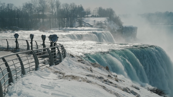 Winter at Niagara Falls. Sight Place with Binoculars Without People