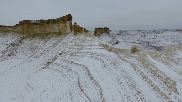 Amazing Aerial View of Snow-covering Ustyurt Sandy Mountains in Western Kazakhstan, Mangyshlak