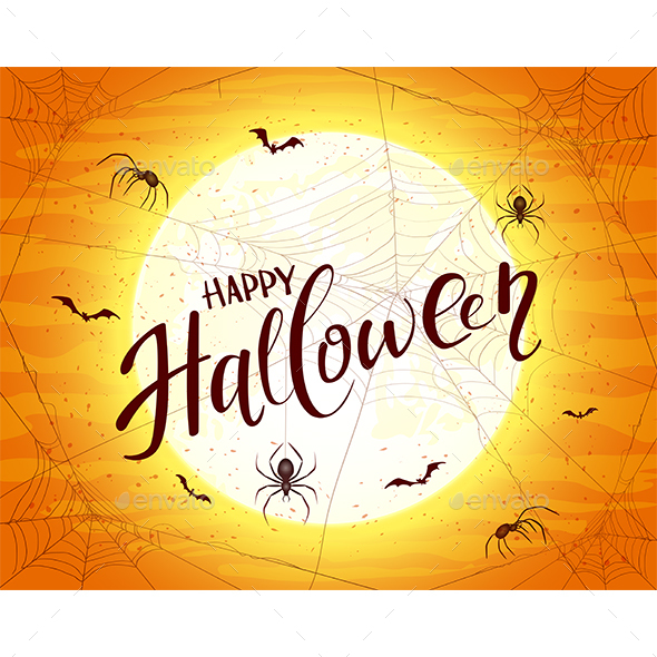 Happy Halloween on Orange Background with Spiders and Bats