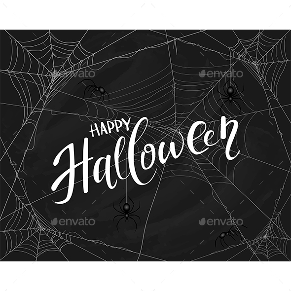 Lettering Happy Halloween on Black Background with Spiderwebs
