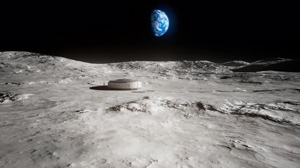 Formation of a space base at the moon. Beautiful landscape with planet Earth.
