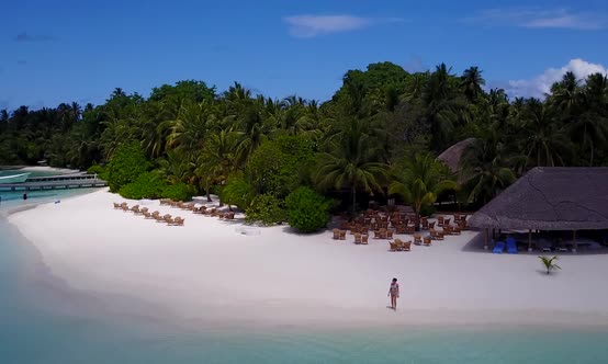 Drone seascape of resort beach trip by lagoon with sand background