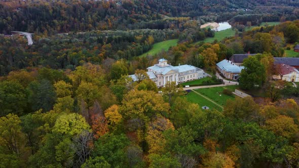 Aerial View of the Krimulda Palace in Gauja National Park Near Sigulda and Turaida, Latvia. Old Mano