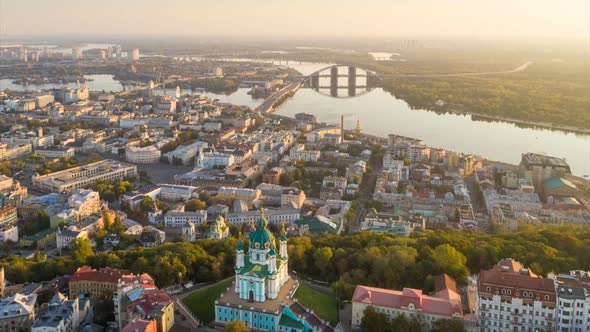 Kyiv \ Kiev , Ukraine. Aerial Hyperlapse of Kiev Old City Center. Flying Over St. Andrew's Church