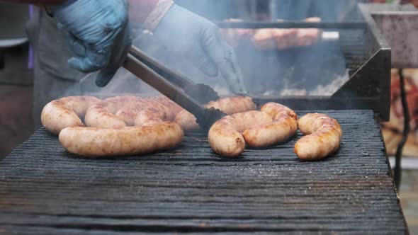 Sausages Prepared on the Grill at Street Food Market. Street Kitchen