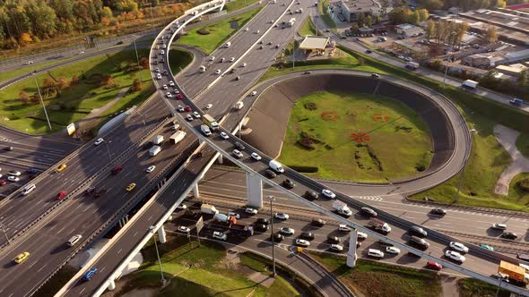 Aerial View of a Freeway Intersection Traffic Trails in Moscow